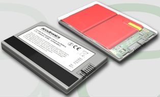 The Accutronics lithium ion credit card sized battery