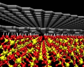 A rendering of two sheets of graphene one carbon atom thick on a silicon dioxide substrate