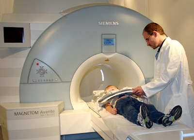 A patient being prepared for an fMRI scan