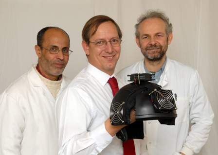 Dr Abdel Ennaceur, Dr Paul Chazot and Dr Gordon Dougal with a prototype cognitive helmet 